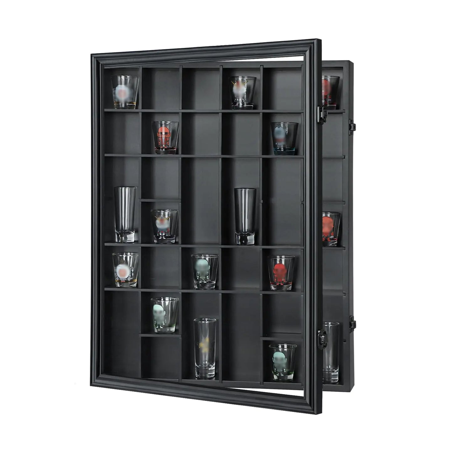 Sboitflmm 34 Shot Glass Display Case - Shot Glass Holder - Shot Glass Shelf Wall Mount Wooden Lockable with Removable Shelves for Collection Shot Glass UV Protection Acrylic Glass Door Black