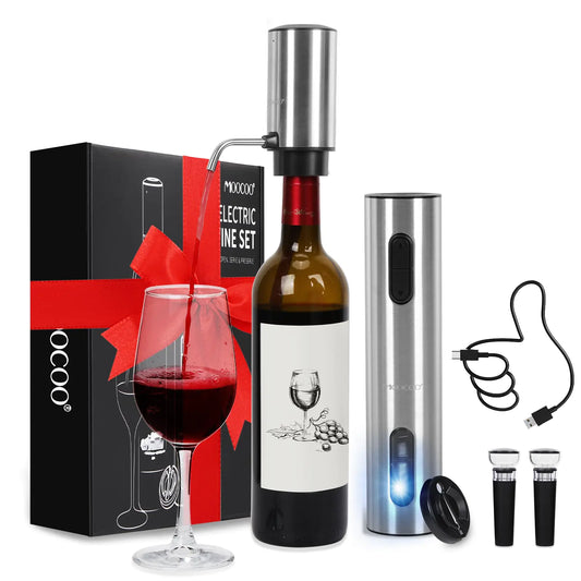 Moocoo Electric Wine Opener Gift Set Automatic Electric Wine Bottle Corkscrew Opener Rechargeable with Foil Cutter Automatic Aerator 2 Vacuum Stoppers for Home Bar Outdoor Parties Stainless Steel